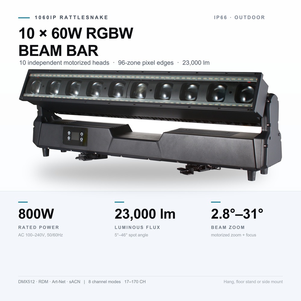 IP66 waterproof 10x60W RGBW LED rattlesnake beam bar
