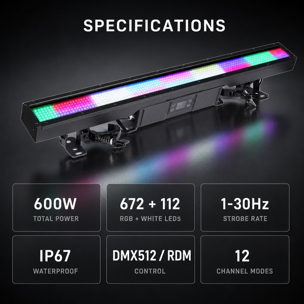 Product specifications - 600W, 672+112 LEDs, 1-30Hz, IP67, DMX512/RDM, 12 channel modes