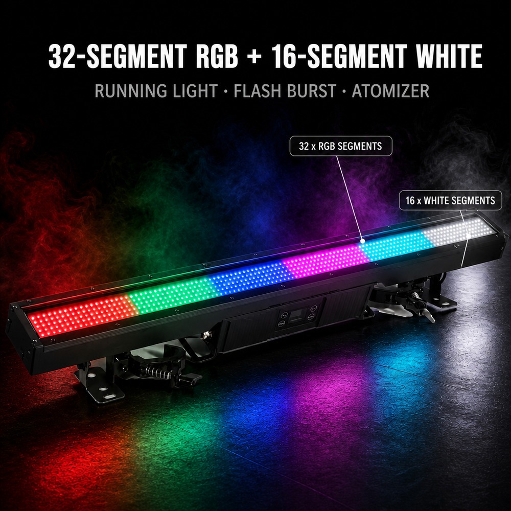 32-segment RGB + 16-segment white - running light, flash burst, atomizer