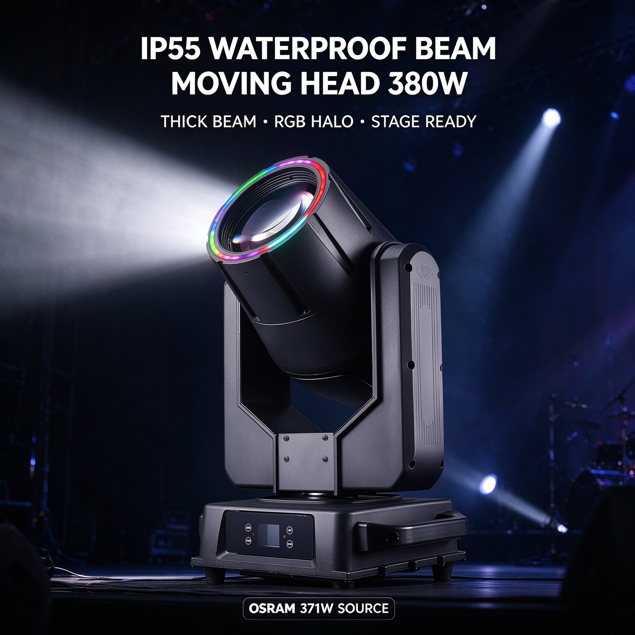 IP55 waterproof 380W beam moving head with RGB LED halo
